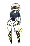 accessory big_breasts black_clothing black_shirt black_topwear breasts clothed clothing female hair hair_accessory hairband hazard_stripes knee_up machine shirt smile solo syringe_tail tail teeth topwear visor_eyes white_hair yellow_eyes pace-maker glitch_productions murder_drones v_(murder_drones) disassembly_drone humanoid full-length_portrait portrait