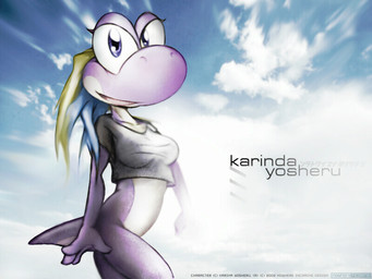 anthro big_head bottomless breasts clothed clothing cloud detailed_background female non-mammal_breasts outside sky smile solo tail darkdoomer karinda_yosheru scalie 4:3 source_request wallpaper