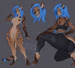 arm_tattoo blue_hair bra clothing ear_piercing fangs female hair licking licking_lips licking_own_lips piercing sharp_teeth solo sports_bra sportswear tattoo teeth tongue tongue_out underwear velvetveil cheetah felid feline mammal hi_res spot_color