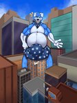 absurd_res anthro awoogasm belly bery big_belly big_bulge biped blue_body blue_eyes bulge canid canine canis city clothing detailed_bulge digital_media_(artwork) domestic_dog hair hi_res huge_bulge hyper hyper_bulge looking_down macro male male_anthro mammal multicolored_body musclegut muscular muscular_anthro muscular_male onomatopoeia property_damage smile smug smug_face solo sound_effects standing teeth text tuft underwear