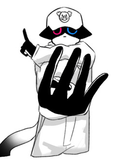 4_fingers anthro baseball_cap black_body black_fingers black_tail blue_eyes bottomwear clothing fingers gradient_tail hat headgear headwear heterochromia male meme_pose pants pink_eyes solo tail topwear white_body white_tail dullanboi felid feline mammal meme