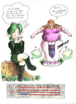 belly belly_expansion big_belly blush body_inflation clothed clothing duo expansion fart fart_cloud female female/female gassy inflation not_furry playing_flute playing_music text zmasta nintendo the_legend_of_zelda princess_zelda saria human humanoid kokiri mammal english_text hi_res