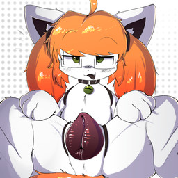 animal_genitalia animal_vulva anthro bell bell_collar black_vulva canine_genitalia canine_vulva collar dotted_background female fur genitals green_eyes hair half-closed_eyes looking_at_viewer lying narrowed_eyes on_back orange_body orange_fur orange_hair pattern_background pawpads paws simple_background smile solo spread_legs spreading text vulva wearing_collar white_background white_body white_fur lodetail melody_(lodetail) canid canine fox mammal 1:1 2026 colored digital_media_(artwork) hi_res shaded
