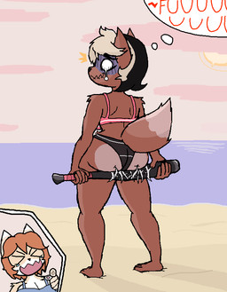 anthro baseball_bat bat_(object) big_butt bikini bodily_fluids bra breasts butt cleavage clothed clothing countershading crying dipstick_ears ear_markings female hair markings multicolored_ears multicolored_hair nailed_bat solo speech_bubble swimwear tail tears two-piece_swimsuit two_tone_hair underwear walterrequiem bully_fox bully_fox_(robbie)