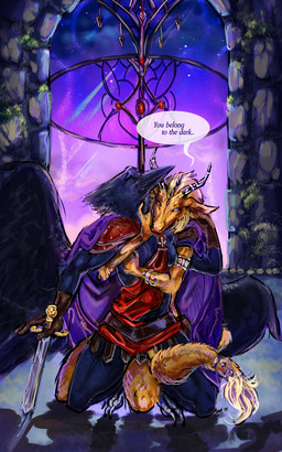 anthro armor beak black_body black_feathers bracelet breasts cheek_tuft cloak clothing crouching dragon_tail duo exposed_breasts facial_tuft feathered_wings feathers female female/female fur gloves gold_(metal) gold_jewelry hair handwear head_spikes holding_object horn horn_jewelry horn_ring hug hugging_another hugging_from_behind jewelry melee_weapon non-mammal_breasts ring_(jewelry) short_sword speech_bubble spikes spikes_(anatomy) sword tail tail_tuft text tuft weapon wings yellow_body yellow_fur mab mythology elenora_(bahumot) tachyion_(defenbaugh_bahumot) avian bird corvid corvus_(genus) crow dragon furred_dragon furred_scalie mythological_creature mythological_scalie oscine passerine scalie 5:8 digital_media_(artwork) hi_res