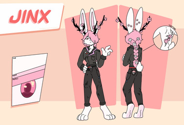 anthro antlers bottomwear braided_hair cheek_tuft cherry_blossom clothing denim denim_bottomwear denim_clothing facial_tuft flower fur hair hair_over_eye half-closed_eyes horn jacket jeans leather leather_clothing leather_jacket leather_topwear male narrowed_eyes pants pink_hair plant prunus_(flower) solo text tiptoes topwear tuft white_body white_fur xing1 jinx_(jackel_usami) jackalope lagomorph mammal english_text hi_res model_sheet