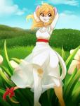 anthro blonde_hair clothing day detailed_background dress female grass hair open_mouth orange_eyes outside pink_nose plant sky smile solo standing teeth tongue spazzykoneko mammal mouse murid murine rodent digital_media_(artwork) shaded