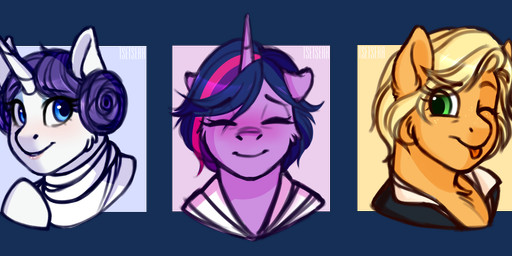 blue_eyes female green_eyes group horn smile trio tserera friendship_is_magic hasbro my_little_pony mythology star_wars applejack_(mlp) han_solo leia_organa luke_skywalker rarity_(mlp) twilight_sparkle_(mlp) equid equine horse mammal mythological_creature mythological_equine pony unicorn hi_res