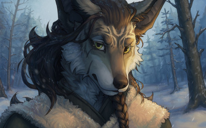 anthro asian_clothing black_hair braided_hair brown_body brown_fur brown_hair clothing detailed_background east_asian_clothing facial_scar fantasy fantasy_clothing female forest forest_background fur green_clothing green_eyes green_shirt green_topwear hair japanese_clothing kimono long_ears messy_hair nature nature_background plant scar shirt snow striped_body stripes topwear tree vest vurkain white_body white_fur winter tashiroth canid canine canis mammal wolf hi_res portrait