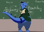 anthro birthday chalkboard claws clothing digitigrade horn legwear looking_at_viewer looking_back male solo spikes spikes_(anatomy) stockings tail teacher teacher_clothing thick_tail thick_thighs staffkira2891 mythology drake_inrelal dragon mythological_creature mythological_scalie scalie 2022 absurd_res digital_media_(artwork) hi_res