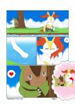 2015 anthro beady_eyes blush bow_(feature) bow_tie braixen brown_body brown_fur canid canine comic dialogue digital_media_(artwork) duo english_text eyelashes female flower fur generation_6_pokemon heart_symbol heartbeat hi_res kneeling love male mammal musical_note nintendo pictographics plant pokemon pokemon_(species) quilladin red_body red_fur sitting smile stick text tree water winick-lim yellow_body yellow_fur