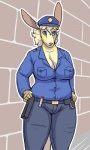 anthro big_breasts blue_eyes breasts brick_wall cleavage clothed clothing cuff_(restraint) female handcuffs holster metal_cuffs pepper_spray police police_hat police_uniform restraints shackles slightly_chubby smile solo uniform wall_(structure) ritts frank_westerveldt 3:5