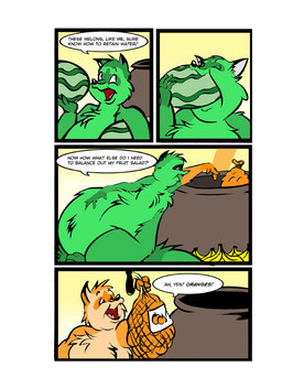 anthro banana black_nose cauldron color_change dialogue food fruit fur gorging green_body green_fur male melon nude_anthro nude_male orange_body orange_fur overweight overweight_anthro overweight_male pineapple plant solo speech_bubble stuffing text watermelon weight_gain dutch_(artist) mammal procyonid raccoon 2011 colored comic english_text