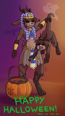 anthro antlers biped bodily_fluids candy chocolate clothed clothing costume countershade_torso countershading dessert drooling duo feet fingers food fur hair holidays horn lifted lifted_by_tail male male/male markings mouth_full multicolored_body multicolored_fur open_mouth saliva size_difference tail tail_grab toes worried dawnlux halloween jackalope kobold lagomorph leporid mammal rabbit reptile scalie 9:16 digital_media_(artwork) hi_res