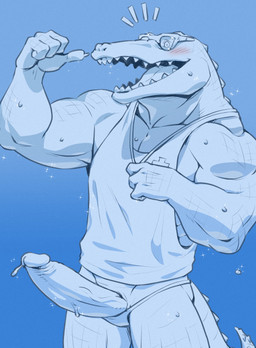 animal_genitalia anthro blue_background blush bodily_fluids claws clothed clothing dripping erection eyewear feet genital_fluids genital_slit genitals gesture gradient_background hand_gesture humanoid_genitalia humanoid_penis male nails open_mouth open_smile partially_clothed penis pointing pointing_at_self precum scales sharp_nails sharp_toenails shirt simple_background smile solo sparkles speedo swimwear tank_top toenails toes topwear wet sunspotfish league_of_legends riot_games tencent pool_party_renekton renekton crocodile crocodilian reptile scalie