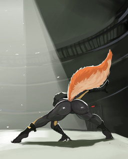anthro black_clothing bodysuit boots butt clothing female fighting_pose fluffy fluffy_tail footwear fur one_piece_suit orange_body orange_fur pose presenting presenting_hindquarters prison raised_tail shoes skinsuit solo tactical tactical_gear tail tight_clothing tight_fit kashink7 dreamworks the_bad_guys diane_foxington canid canine fox mammal true_fox hi_res