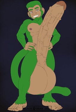 anthro balls big_balls big_penis erection fur genitals green_body green_fur hands_on_hips huge_balls huge_penis humanoid_genitalia humanoid_penis hyper hyper_balls hyper_genitalia hyper_penis long_penis looking_at_viewer male penis presenting presenting_penis smile solo blackbear haplorhine mammal monkey primate 2023 hi_res