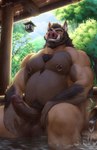 anthro balls beard erection facial_hair fur genitals glans hair humanoid_genitalia humanoid_penis male male_anthro nipple_piercing nipple_ring nipples outside penis piercing ring_piercing sitting smile solo tongue tongue_out towel tusks kapetoelo mammal suid suina sus_(pig) wild_boar absurd_res digital_drawing_(artwork) digital_media_(artwork) hi_res