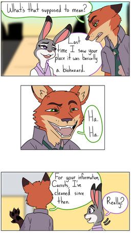 anthro blurred_background dialogue duo female fur grey_body grey_fur male necktie orange_body orange_fur pointy_ears rabbit_ears text hahstudios disney zootopia judy_hopps nick_wilde canid canine european_rabbit fox lagomorph leporid mammal oryctolagus rabbit red_fox true_fox comic english_text