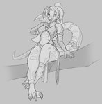 3_toes 5_fingers abs anthro armlet armwear athletic athletic_anthro athletic_female barefoot bikini biped bottomwear bra breasts claws closed_smile clothed clothing digitigrade elbow_gloves eyebrows eyelashes feet female fingers gloves grey_background hair handwear jewelry long_tail looking_at_viewer markings membrane_(anatomy) midriff mouth_closed navel necklace non-mammal_breasts ponytail pose scales simple_background sitting smile solo swimwear tail thick_tail thick_thighs toe_claws toes two-piece_swimsuit underwear webbed_hands wide_hips raubr1tter lizard mammal reptile scalie absurd_res full-length_portrait greyscale hi_res line_art monochrome portrait sketch