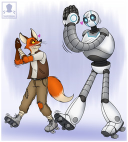 anthro clothing dancing duo female footwear fur machine male orange_body orange_fur quad_skates roller_skates simple_background tail white_body darkmaro dreamworks robot_dreams the_wild_robot fink_(the_wild_robot) roz_(the_wild_robot) canid canine fox mammal red_fox robot true_fox digital_media_(artwork) hi_res