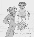 anthro armor blush bouquet clothed clothing crossdressing dress duo feather_hair feathers headgear helmet horn horned_helmet male married_couple pseudo_hair standing wedding wedding_dress cokesero bethesda_game_studios microsoft skyrim the_elder_scrolls dovahkiin jaree-ra argonian human mammal scalie monochrome