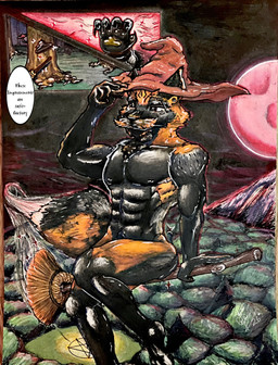abs anthro broom broom_riding cleaning_tool clothing elemental_manipulation facial_hair fire fire_manipulation flying hat hat_only headgear headgear_only headwear headwear_only male male/male melanistic mostly_nude mustache occult_symbol pecs pentagram sitting solo symbol text witch_hat stretchy_foxglove fable_foxglove canid canine fox mammal absurd_res comic english_text hi_res