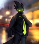 adjusting_tie anthro beak black_body black_clothing black_hair black_topwear black_vest blurred_background bottomwear bulge clothed clothing coat empty_eyes feathers fingers front_view fully_clothed glowing glowing_eyes green_eyes green_necktie grey_bottomwear grey_clothing grey_coat grey_pants grey_topwear hair male narrowed_eyes necktie outside pants photo_background solo standing street suit tail tail_feathers three-quarter_view topwear vest phosphoruscrow ryze_(phosphoruscrow) avian bird corvid corvus_(genus) crow oscine passerine 2023 digital_media_(artwork) hi_res mixed_media photography_(artwork) portrait shaded signature soft_shading three-quarter_portrait watermark