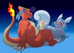 absurd_res accessory anthro balls bedroom_eyes blue_body blue_eyes blush bodily_fluids charmeleon claws clothing cum cum_inside cum_on_feet duo eddy_(includefireio) ejaculation erection feet finger_claws fire flaming_tail foot_fetish foot_play footjob generation_1_pokemon genital_fluids genitals green_eyes head_horn headband hi_res horn humanoid_genitalia humanoid_penis leaking_cum leroy_mirage looking_pleasured male male/male markings narrowed_eyes nintendo open_mouth penis pokemon pokemon_(species) red_body satsui-n0-had0u seductive sex slightly_chubby slightly_chubby_male steam sweat tail tail_tuft teeth thick_tail tongue tongue_out tuft vein wartortle white_claws