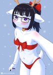 anthro bell bell_collar blush breasts christmas_clothing christmas_headwear clothing collar dark_hair eyewear female fur glasses hair headgear headwear holidays ponytail purple_eyes ribbons skinny small_breasts snow solo underwear white_body white_fur call_me_ink christmas tala_taylor bovid caprine goat mammal absurd_res hi_res