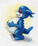 anthro belly blue_body blue_skin hand_on_belly inflation male red_eyes simple_background solo nick_bondra bandai_namco digimon digimon_(species) veemon 2002 hi_res traditional_media_(artwork)