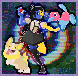 ambiguous_gender beak black_eyes black_hair blue_body clothed clothing female feral group hair looking_at_viewer multicolored_body open_mouth pokeball smile tongue tongue_out topwear trio two_tone_body yellow_body namosaga ena_(series) ena_(web_series) nintendo pokemon ena_(joel_g) canid canine canis digital_creature domestic_dog generation_2_pokemon generation_8_pokemon humanoid mammal pokemon_(species) porygon2 yamper crossover digital_media_(artwork) hi_res