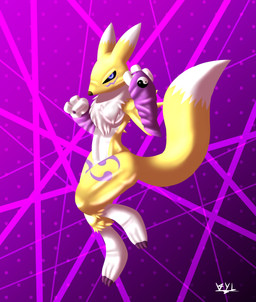 3_fingers angry annoyed anthro armwear athletic bent_leg biped black_claws black_nose black_sclera breasts bridal_gauntlets claws clothed clothed/nude clothing countershading double_tomoe female fingers frown fur fur_markings glowing guard guard_position leg_markings lights long_ears long_tail looking_at_viewer markings muscular nude pose punch purple_background purple_body purple_clothing purple_eyes purple_fur simple_background solo tail thick_thighs thigh_markings tomoe_(symbol) white_body white_clothing white_countershading white_fur yin_yang vylfour bandai_namco digimon canid digimon_(species) mammal renamon hi_res shaded signature