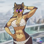 anthro aviators bikini bikini_bottom bikini_top blonde_hair bracelet brown_body brown_fur brown_hair city city_background cityscape clothing colored_nails ear_piercing ear_ring eyewear female fur hair hand_on_head hand_on_hip inner_ear_fluff jewelry markings mole_(marking) multicolored_body multicolored_fur multicolored_hair muscular nails navel piercing ring_piercing sky solo sunglasses swimwear tuft two-piece_swimsuit two_tone_body two_tone_fur two_tone_hair white_bikini white_bikini_bottom white_bikini_top white_clothing white_swimwear turbofurr grand_theft_auto grand_theft_auto_vi rockstar_games kate_turbofurr canid canine canis mammal wolf 1:1 hi_res