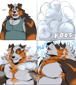 anthro black_nose clothed clothing eyebrows male orange_eyebrows shirt solo tank_top thick_eyebrows topwear transformation o_reowoof reolixious mythology reo_(o_reowoof) canid canine canis domestic_dog hybrid mammal mythological_canine mythological_creature werecanid werecanine werecreature werewolf wolfdog 2025 colored comic