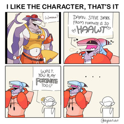 ambiguous_gender anthro backwards_baseball_cap backwards_hat baseball_cap big_muscles black_sclera bodily_fluids bottomwear clock closed_smile clothed clothed_anthro clothed_male clothing countershade_face countershade_neck countershade_tail countershade_torso countershading dialogue dot_eyes drawstring_hoodie drawstring_topwear ellipsis emanata fin fish_tail front_view full-face_blush fully_clothed fully_clothed_anthro fully_clothed_male grey_body grey_countershading group hat head_fin headgear headwear heart_symbol holding_object holding_surfboard hoodie male mouth_closed muscular muscular_anthro muscular_male navel nervous nervous_sweat nipples non-mammal_navel non-mammal_nipples open_mouth open_smile orange_baseball_cap orange_bottomwear orange_clothing orange_headwear orange_hoodie orange_topwear pose pupils purple_body red_stripes shirt simple_background simple_eyes slit_pupils smile speech_bubble striped_fin stripes surfboard sweat sweaty_face tail talking_to_another tan_background tank_top text topwear trio watch whistle_(object) whistle_around_neck white_body white_countershading wristwatch yellow_clothing yellow_eyes yellow_shirt yellow_tank_top yellow_topwear skykdotidot epic_games fortnite anon safety_first_steve_(fortnite) sky_k.i._(character) aquatic fish shark 2024 absurd_res artist_name bust_portrait comic digital_drawing_(artwork) digital_media_(artwork) english_text half-length_portrait hi_res one_page_comic portrait