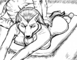 anthro big_breasts breasts breast_squish butt canid canine canis chest_tuft cirrel digital_drawing_(artwork) digital_media_(artwork) duo eyes_closed felid female fur hair jackal long_hair lying male mammal massage monochrome neck_tuft nohni_wabanda nude on_front pantherine squish tiger tuft