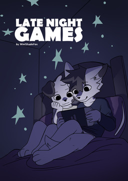 anthro bed bed_sheet bedding bedroom countershade_ears countershading dim_lighting duo floppy fluorescent_light furniture gaming long_sleeves male markings on_bed pillow playing_video_game sitting sitting_on_bed spots spotted_markings star young young_anthro young_male minishadefox nintendo nintendo_switch elliot_vance nico_florence canid canine canis domestic_dog mammal absurd_res comic cover cover_art cover_page hi_res cousins_(lore)