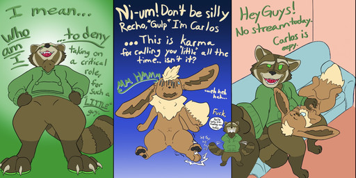 after_transformation ambiguous_gender anthro belly_rub bodily_fluids brown_body brown_fur camera_phone claws clothing content_smile crotch_view dialogue digitigrade drooling duo fur furniture hoodie intersex intersex/intersex livestream lying male male/male nervous nervous_smile nonchalant nude on_back onomatopoeia pawpads plotting saliva sitting sofa sound_effects standing tail tail_motion tailwag tapping_foot teeth text toe_claws topwear kio_kasteyoto nintendo pokemon recho_raccoon_(character) eevee generation_1_pokemon mammal pokemon_(species) procyonid raccoon comic english_text hi_res