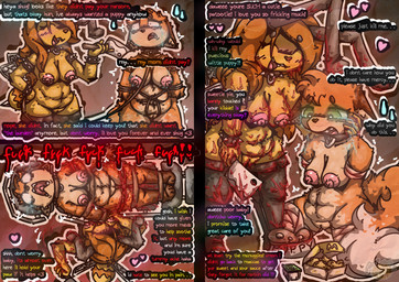 4_missing_limbs abuse amputation amputee antennae_(anatomy) anthro areola bdsm belly big_breasts bird's-eye_view blood blush bodily_fluids bondage bound breasts cannibalism clothed clothing disability duo fangs female female/female forced fur furniture genitals glistening glistening_body glowing gore gore_focus gurney hair high-angle_view huge_breasts impending_doom leash lying nipples nude open_mouth quadruple_amputee restraints rope rope_bondage simple_background slightly_chubby slightly_chubby_anthro slightly_chubby_female smile tail tears teeth text thick_thighs tongue wide_hips wings yellow_body khalfy_kun hailey_(dr1llmysku11) rebekah_(khalfy_kun) arthropod bee canid canine fox hymenopteran insect mammal absurd_res comic english_text hi_res