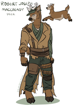 anthro antlers bandolier belt_pouch black_nose brown_body brown_fur clothed clothing fully_clothed fur hooves horn male simple_background solo standing text wearing_hat white_background drvoidiguana fallout microsoft robert_maccready_(fallout) deer mammal artist_name english_text