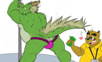 anthro blush bulge clothing dancing duo elderly heart_symbol horn jockstrap male male/male mature_anthro mature_male open_mouth open_smile overweight pole pole_dancing simple_background smile tail underwear bobthetanuki morenatsu mythology kounosuke_kuri tappei_midoriya canid canine dragon mammal mythological_creature mythological_scalie raccoon_dog scalie tanuki