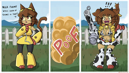 3_panel_comic animal_print animal_print_bikini anthro arm_cannon armor armwear belt bikini black_clothing blush bottomwear breasts brown_body brown_ears brown_fur brown_hair brown_tail cannon cat_tail changing_clothing clothed clothing cloud comic_panel constricted_pupils cow_print cow_print_bikini cowbell cowbell_collar dialogue ear_piercing ear_tag elbow_gloves embarrassed exclamation_point eyewear eyewear_on_head fake_horns fangs female fence field finger_on_chin fingers footwear fur gauntlets gloves goggles grass grass_field hair handwear holding_object holding_weapon hoodie looking_at_viewer looking_away milk_gun milk_tank onomatopoeia open_mouth orange_clouds outside pattern_bikini pattern_clothing pattern_swimwear piercing pink_eyes pivoted_ears plant poof_effect poof_transformation pupils raised_tail ranged_weapon short_hair shorts skirt sky small_pupils solo sound_effects spandex spandex_shorts spats standing surprised swimwear tail teeth text tight_bottomwear tight_clothing tight_shorts topwear two-piece_swimsuit weapon weapon_arm whiskers yellow_clothing yellow_hoodie yellow_topwear snoutless gameoverse glitch_productions kit_bodega domestic_cat felid feline felis mammal absurd_res artist_name comic digital_drawing_(artwork) digital_media_(artwork) english_text hi_res sequence