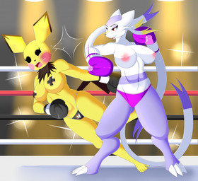 anthro bikini bikini_bottom blush blush_stickers boxing_gloves breasts bruised camera_flash clothed clothing duo face_punch female fighting_ring handwear pasties punch swimwear topless two-piece_swimsuit mlpboxing nintendo pokemon generation_2_pokemon generation_5_pokemon mienshao pichu pokemon_(species)