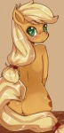 anthro anthrofied biped blonde_hair blush butt cutie_mark female freckles fur genitals green_eyes hair heart_eyes heart_symbol long_hair looking_at_viewer looking_back nude orange_background orange_body orange_fur pupils pussy rear_view simple_background sitting solo symbol-shaped_pupils unusual_pupils hua113 friendship_is_magic hasbro my_little_pony applejack_(mlp) earth_pony equid equine horse mammal pony 2013