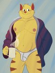 anthro bathrobe black_eyes blue_clothing blue_robe blush briefs brown_nose bulge clothed clothing coffee_mug colored_seam_underwear container cup fur grey_seam_briefs grey_seam_underwear grey_waistband holding_container holding_cup holding_mug holding_object male mug muscular nipples open_clothing open_robe pantsless_anthro pantsless_male pecs pink_nipples robe simple_background solo steam tighty_whities underwear white_briefs white_clothing white_underwear y-fronts yellow_body yellow_fur darebearart hanna-barbera swat_kats chance_furlong domestic_cat felid feline felis mammal 2023 absurd_res digital_media_(artwork) hi_res