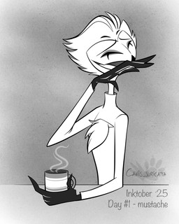 anthro beak chest_tuft clothing coffee_mug eyes_closed feathers male multi_eye open_mouth shirt smile solo steam text topwear tuft atimon hellaverse helluva_boss stolas_(helluva_boss) avian demon 2025 4:5 half-length_portrait hi_res monochrome portrait signature