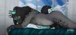 animal_genitalia animal_penis anthro balls bedroom_eyes big_balls black_hair blue_eyes blue_nails blue_nose colored_nails condom detailed_background ear_tuft equine_genitalia equine_penis erection filled_condom flared_penis fur genitals grey_body grey_fur hair horse_tail long_hair looking_at_viewer male markings multicolored_penis nails narrowed_eyes nude penis seductive sexual_barrier_device slight_smile small_antlers solo spots spotted_markings touching_hair tuft two_tone_penis fenn.perrox ronin_viltarre_(nanaki_azakee) canid canine canis deer equid equine horse hybrid mammal wolf 2025 absurd_res hi_res