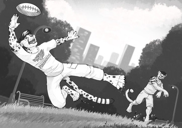 american_football anthro bench bottomwear clothed clothing duo fangs grass hair jumping male male_anthro markings open_mouth outside plant shirt short_hair shorts sport spots spotted_arms spotted_markings spotted_tail t-shirt tail tail_markings teeth topwear whiskers hufnaar cheetah felid feline mammal 2020 absurd_res dated hi_res monochrome