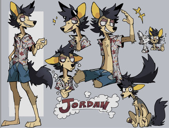 anthro black_hair black_tail blep blue_bottomwear blue_clothing blue_shorts blush bottomwear chest_tuft clothing collar collared_shirt dress_shirt eyewear feral fur hair male paws shirt shorts simple_background sitting slim solo standing sunglasses tail tan_body tan_fur tongue tongue_out topwear tuft zorronine canid canine mammal 2024 cel_shading digital_drawing_(artwork) digital_media_(artwork) hi_res model_sheet shaded